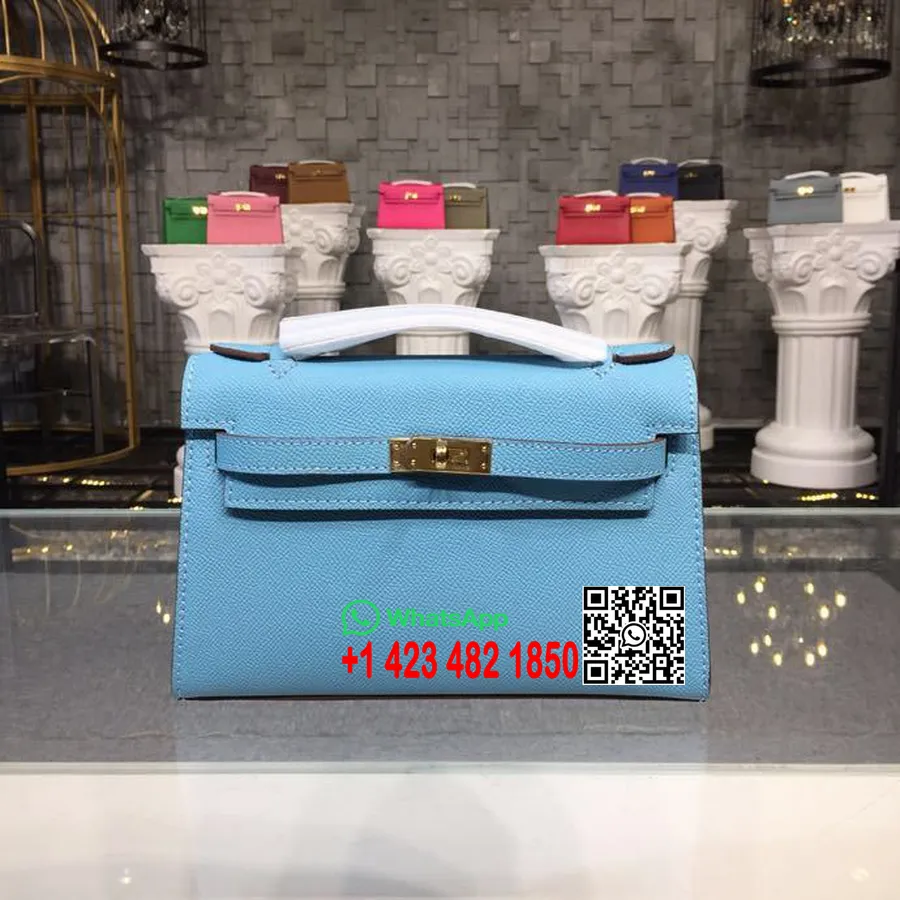 Hermes Mini Kelly Kp Pochette 22cm Epsom Calfskin Gold Hardware Dijahit Tangan, Biru