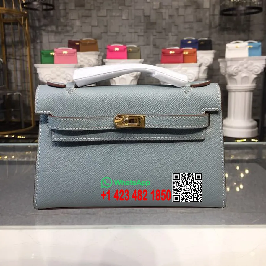 Hermes Mini Kelly Kp Pochette 22cm Epsom από δέρμα μοσχαριού χρυσό ραμμένο στο χέρι, μπλε τζιν