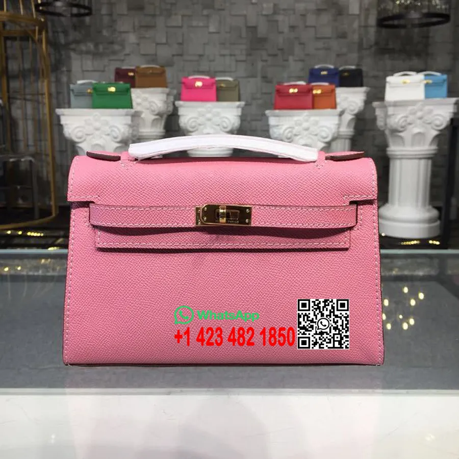 Hermes Mini Kelly Kp Pochette 22cm Epsom δέρμα μοσχαριού χρυσό υλικό ραμμένο στο χέρι, ροζ