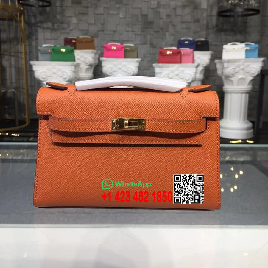 Hermes Mini Kelly Kp Pochette 22cm Epsom телешка кожа златен хардуер ръчно зашит, оранжев