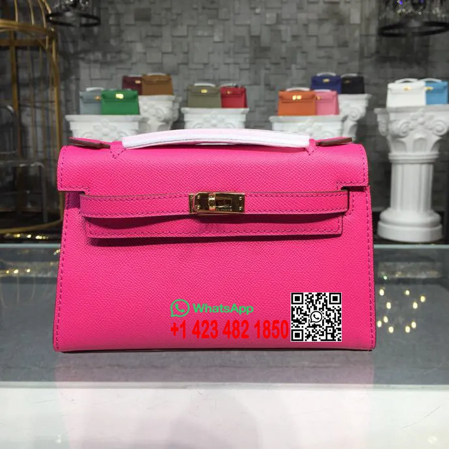 Hermes Mini Kelly Kp Pochette 22cm Epsom δέρμα μοσχαριού χρυσό υλικό ραμμένο στο χέρι, ροζ Tyrien