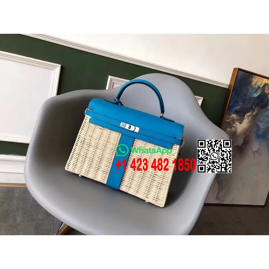 Hermes Kelly Picknicktas 35cm Rieten En Doos Kalfsleer Palladium Hardware Handgestikt, Blauw Zanzibar B3