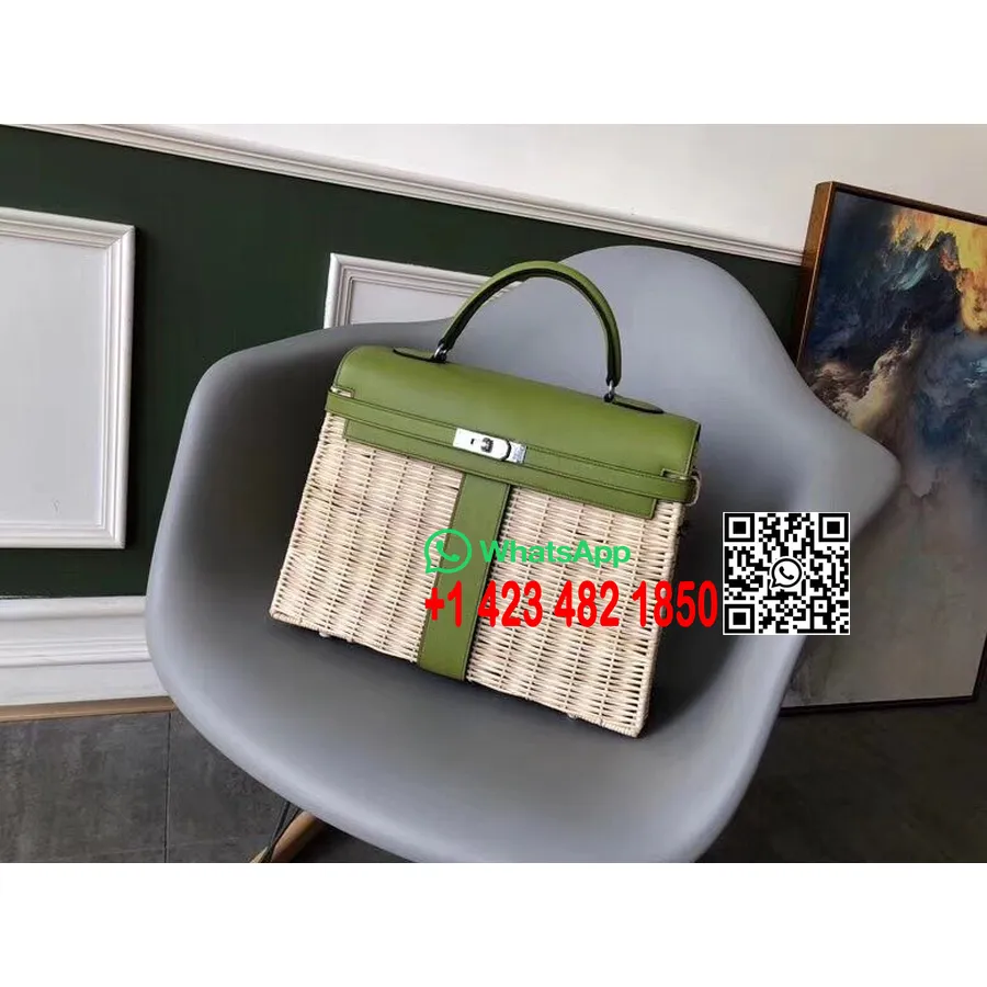 Hermes Kelly Piknik çantası 35 Cm Hasır Ve Kutu Dana Derisi Deri Paladyum Donanım El Dikişli, Kivi 6r