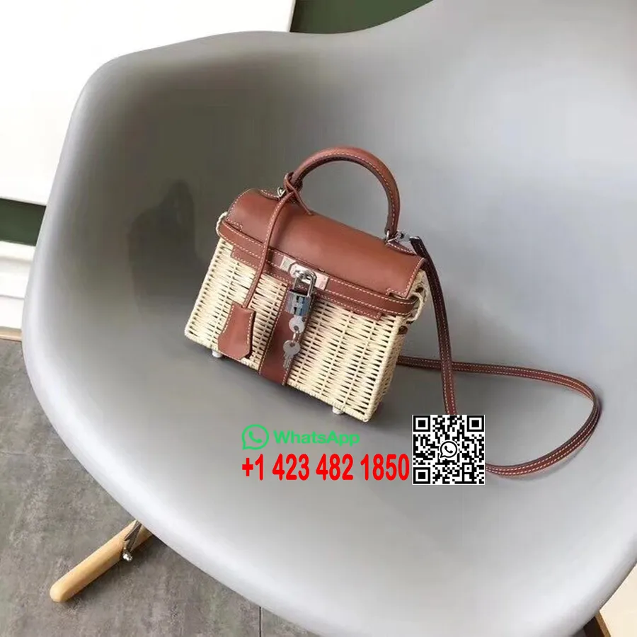 Hermes Mini Kelly Torba Piknikowa 25 Cm Wiklina I Barenia Skóra Cielęca Sprzęt Palladowy Szyty Ręcznie, Złoty Ck93