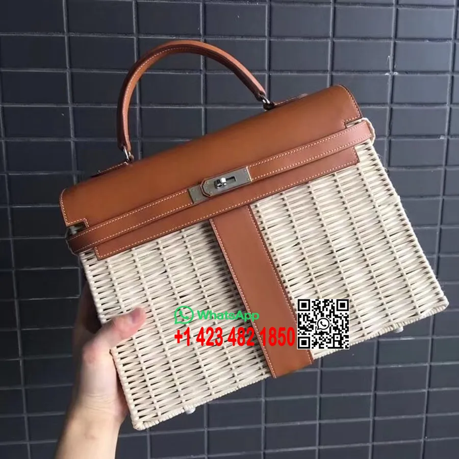 Hermes Kelly Piknik çantası 35 Cm Hasır Ve Kutu Dana Derisi Deri Paladyum Donanım El Dikişli, Barenia Altın Ck93