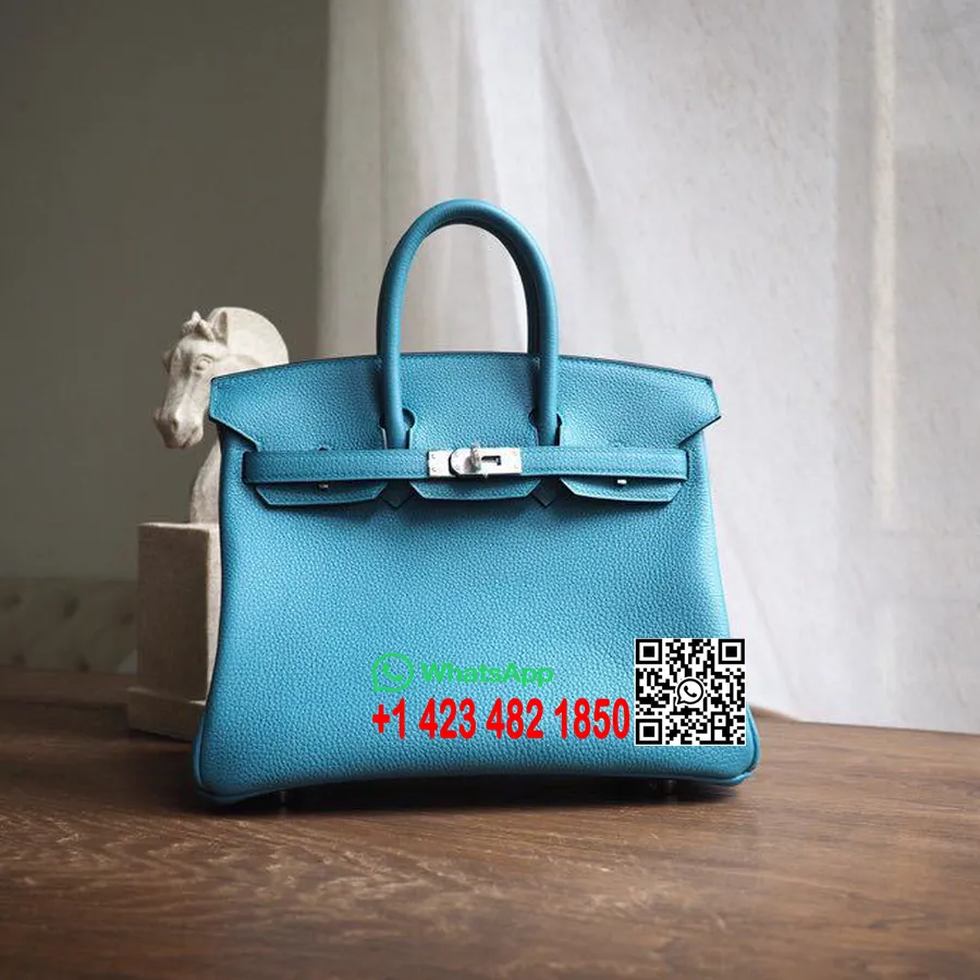 Hermes Birkin 25cm Togo чанта от телешка кожа, ръчно зашит хардуер от паладий, тюркоазено синьо 7b