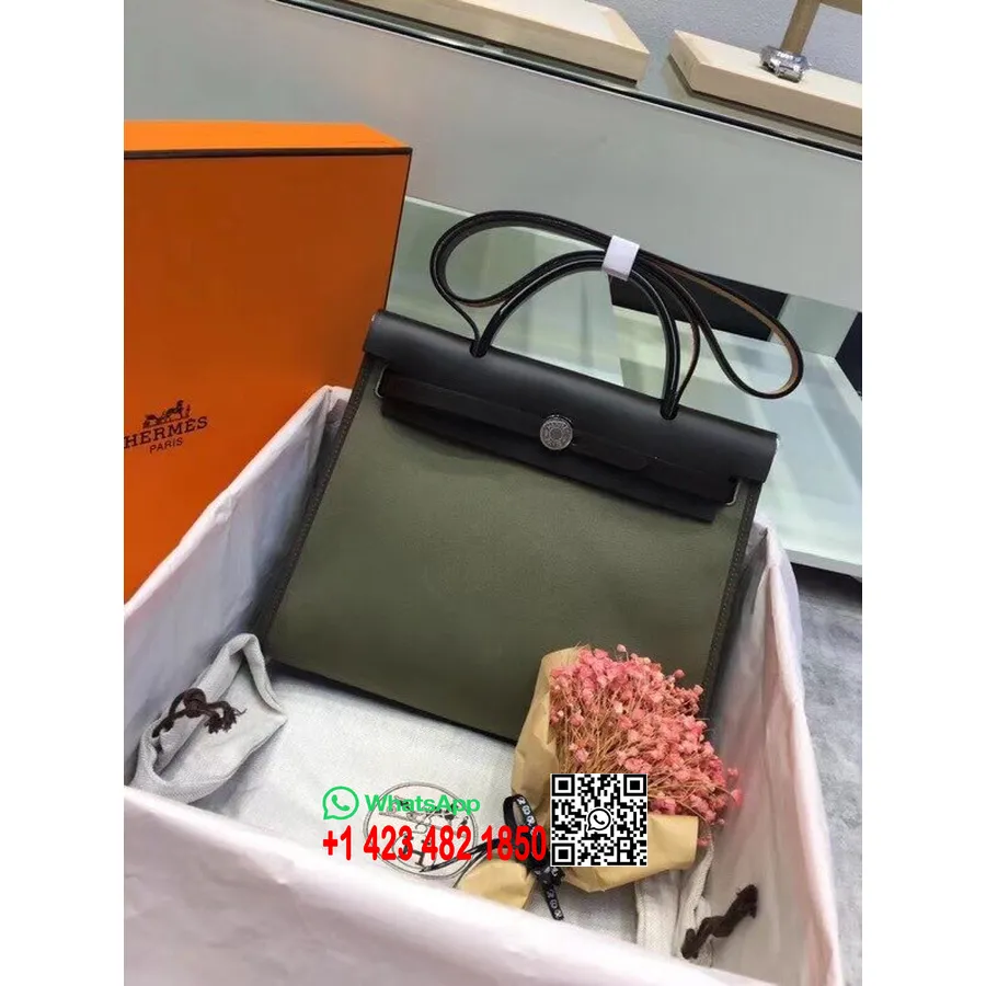 Hermes Toile H Hermes чанта с цип Pm 31cm памучно платно паладиев хардуер, каноп/черен