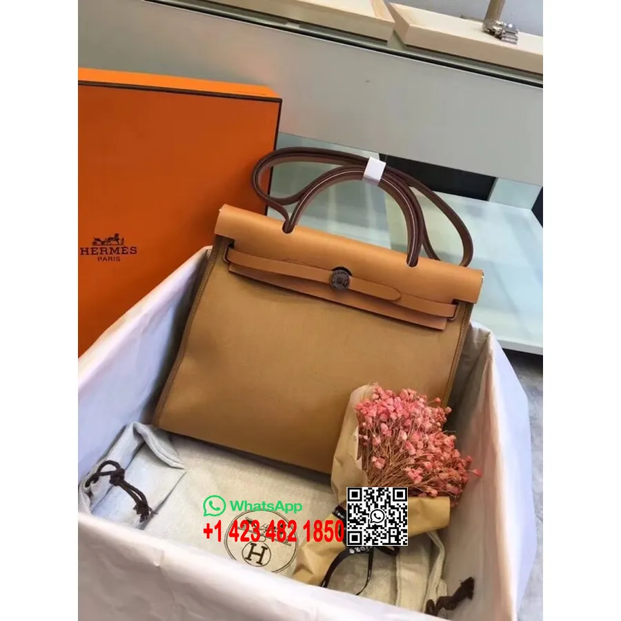 Hermes Toile H Herbag Zip Pm 31 ס"מ קנבס כותנה פלדיום חומרה, סייבל טבעי/זהב