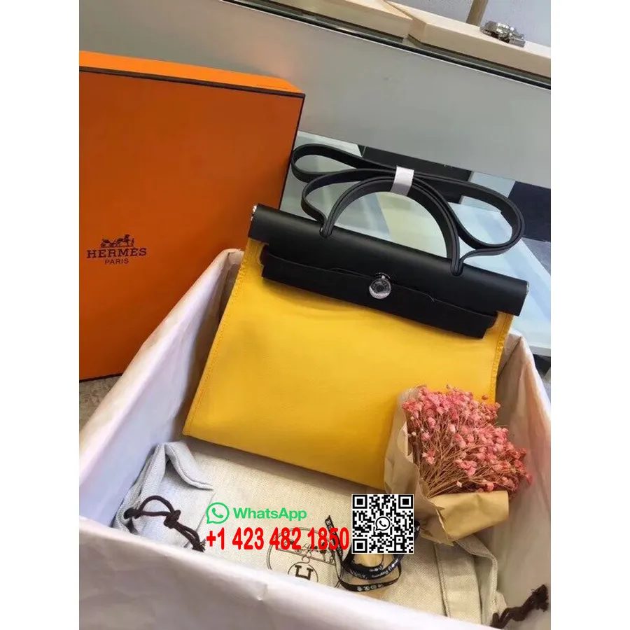 Hermes Toile H Herbag Vetoketju Pm 31cm Puuvillakangas Palladium Laitteisto, Mimosa/musta