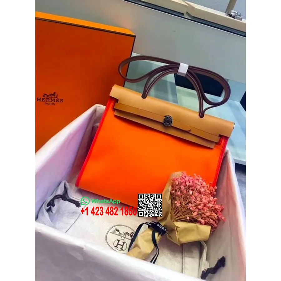 Hermes Toile H Herbag Vetoketju Pm 31cm Puuvillakangas Palladium Laitteisto, Oranssi Unikko/kulta