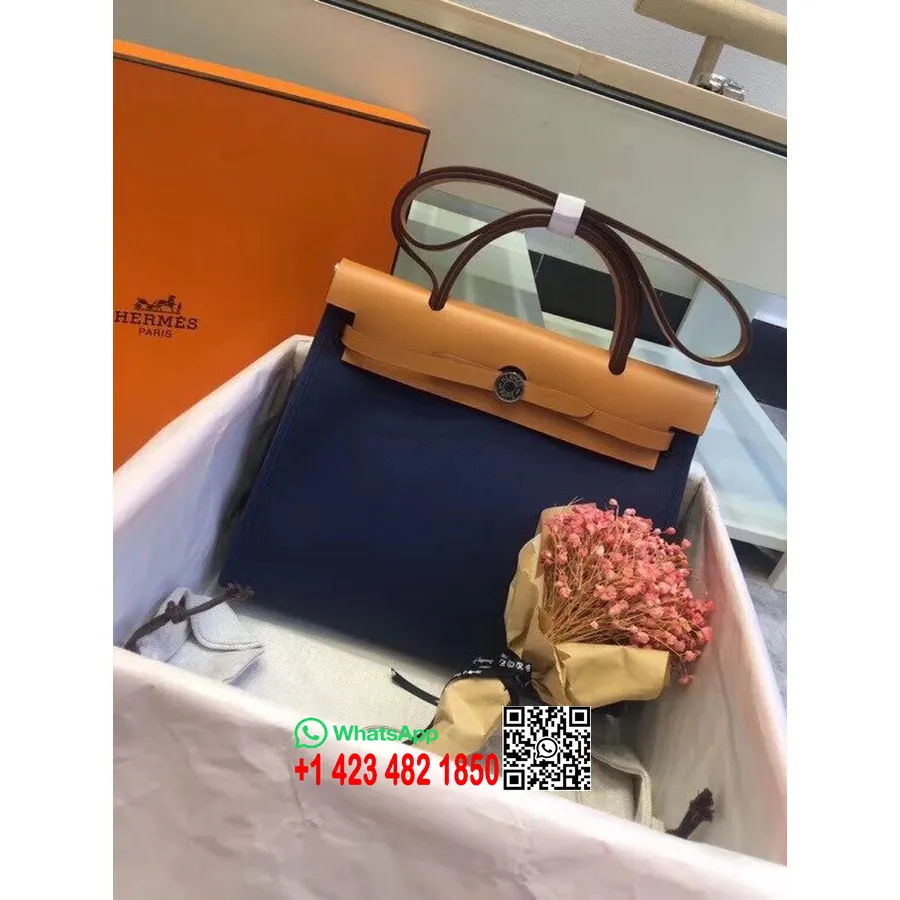 Hermes Toile H Hermes чанта с цип Pm 31cm памучно платно паладиев хардуер, син цвят/злато