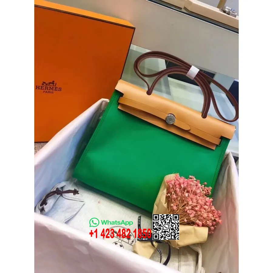 Hermes Toile H Hermes чанта с цип Pm 31cm памучно платно паладиев хардуер, бамбук/злато