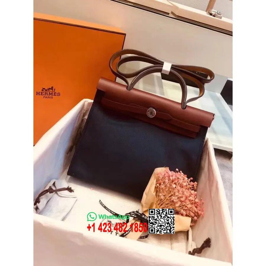 Hermes Toile H Herbag Zip Pm 31 ס"מ כותנה קנבס פלדיום חומרה, כחול אובסקורס/בורדו