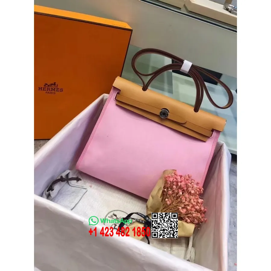 Hermes Toile H Herbag Vetoketju Pm 31cm Puuvillakangas Palladium Laitteisto, Pinkki/kulta