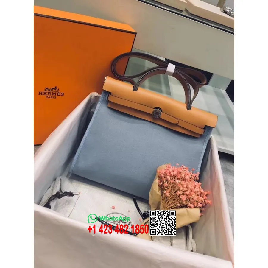 Hermes Toile H Herbag Vetoketju Pm 31cm Puuvillakangas Palladium Laitteisto, Sininen Vaalea/kulta