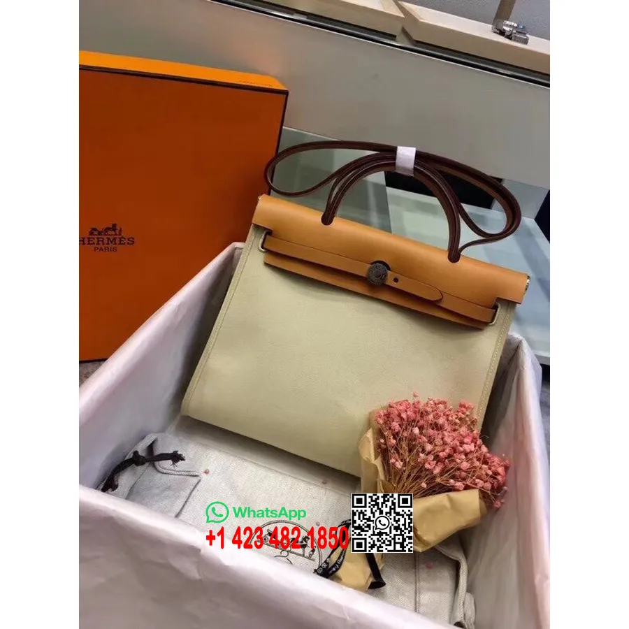 Hermes Toile H Herbag Zip Pm 31cm βαμβακερό καμβάς υλικό παλλάδιο, Parchemin/χρυσό