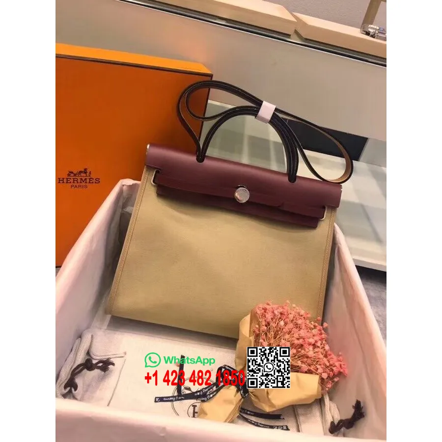 Hermes Toile H Herbag Zip Pm 31cm βαμβακερός καμβάς υλικό παλλάδιο, Craie/bordeaux