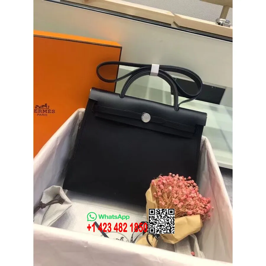 Hermes Toile H Herbag Cipzár Pm 31cm Pamut Vászon Palládium Hardver, Fekete/fekete