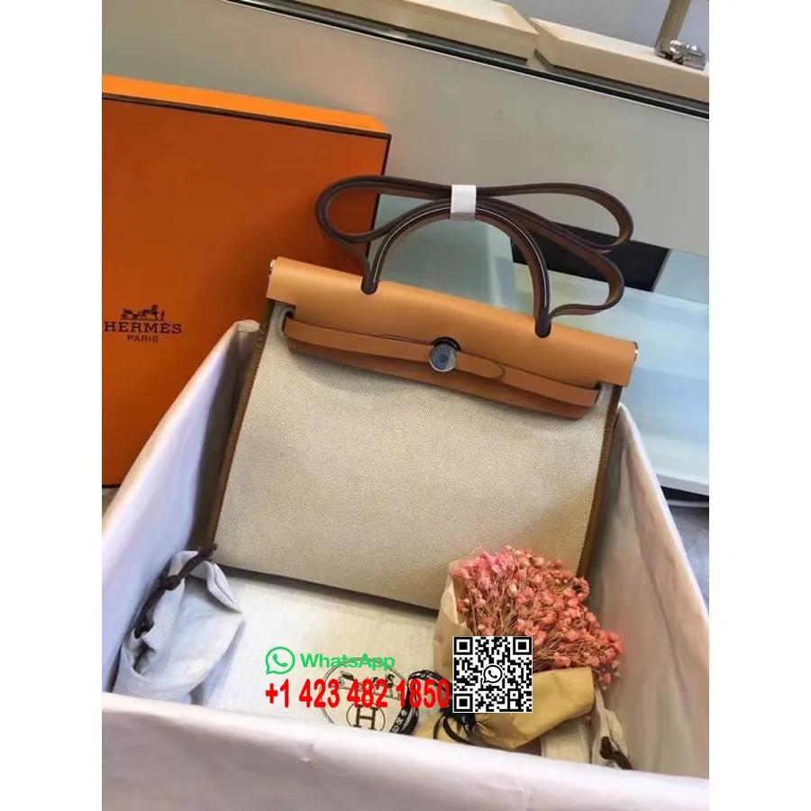 Hermes Toile H Herbag Zip Pm 31cm βαμβακερός καμβάς υλικό παλλάδιο, Craie/χρυσό