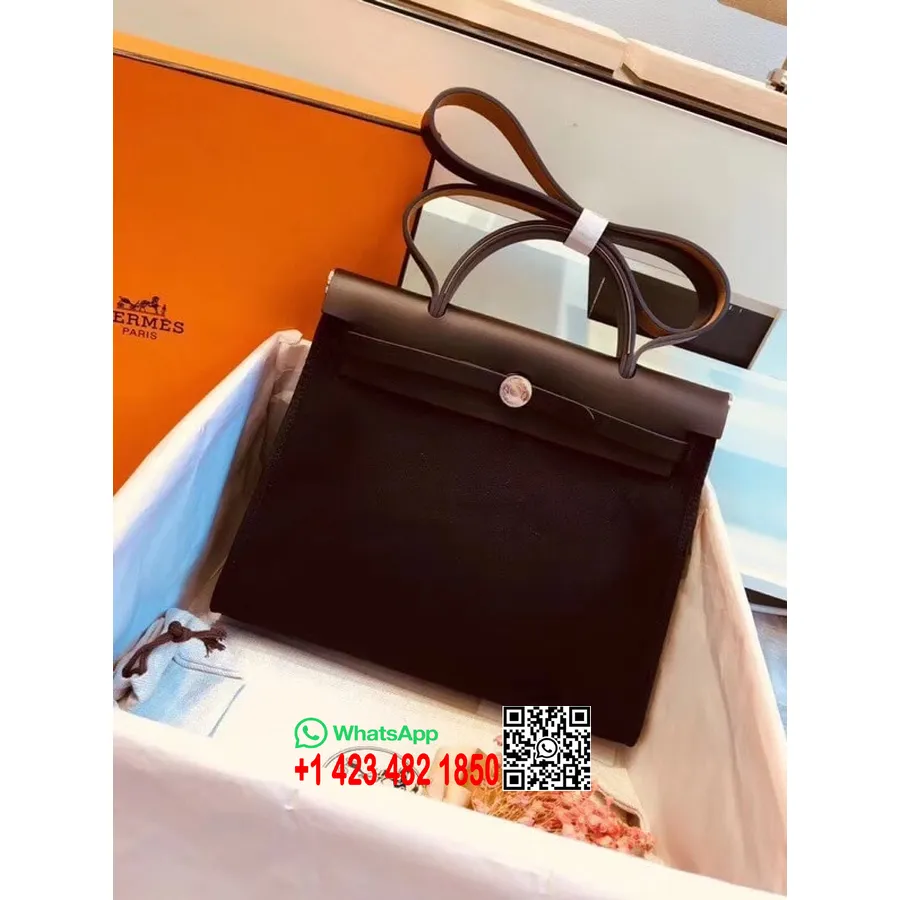 Hermes Toile H Herbag Vetoketju Pm 31cm Puuvillakangas Palladium Laitteisto, Musta/ruskea