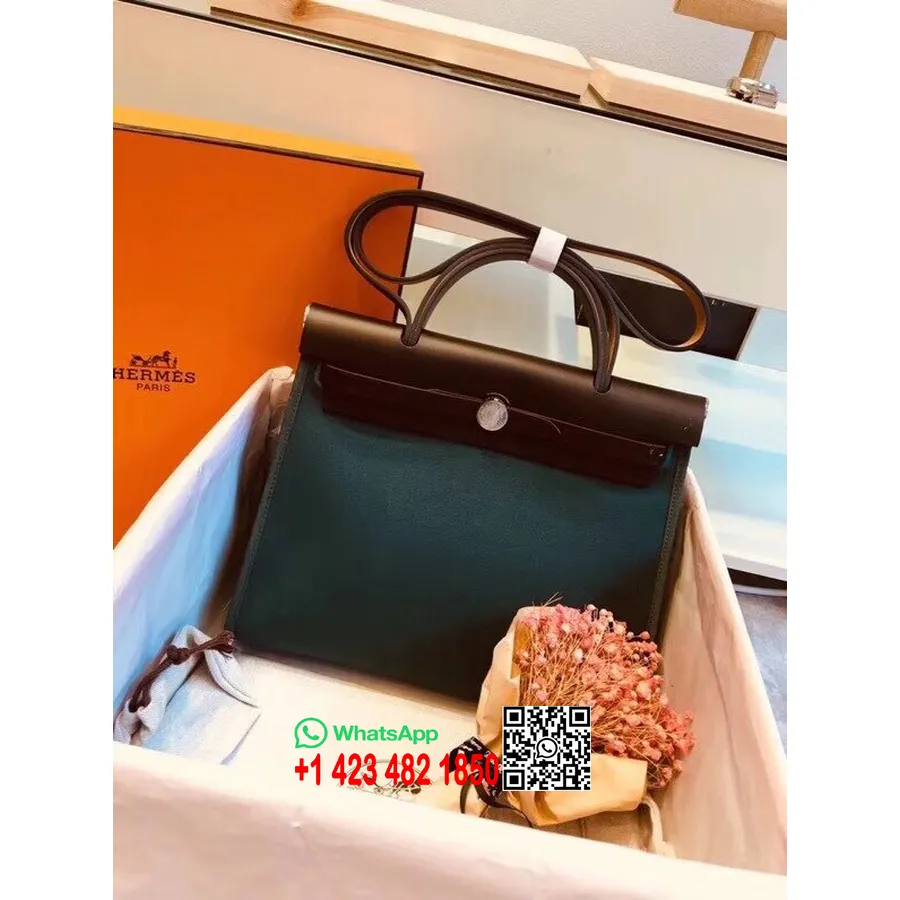 Hermes Toile H Herbag Zip Pm 31cm βαμβακερός καμβάς υλικό παλλάδιο, μπλε Depresse/μαύρο