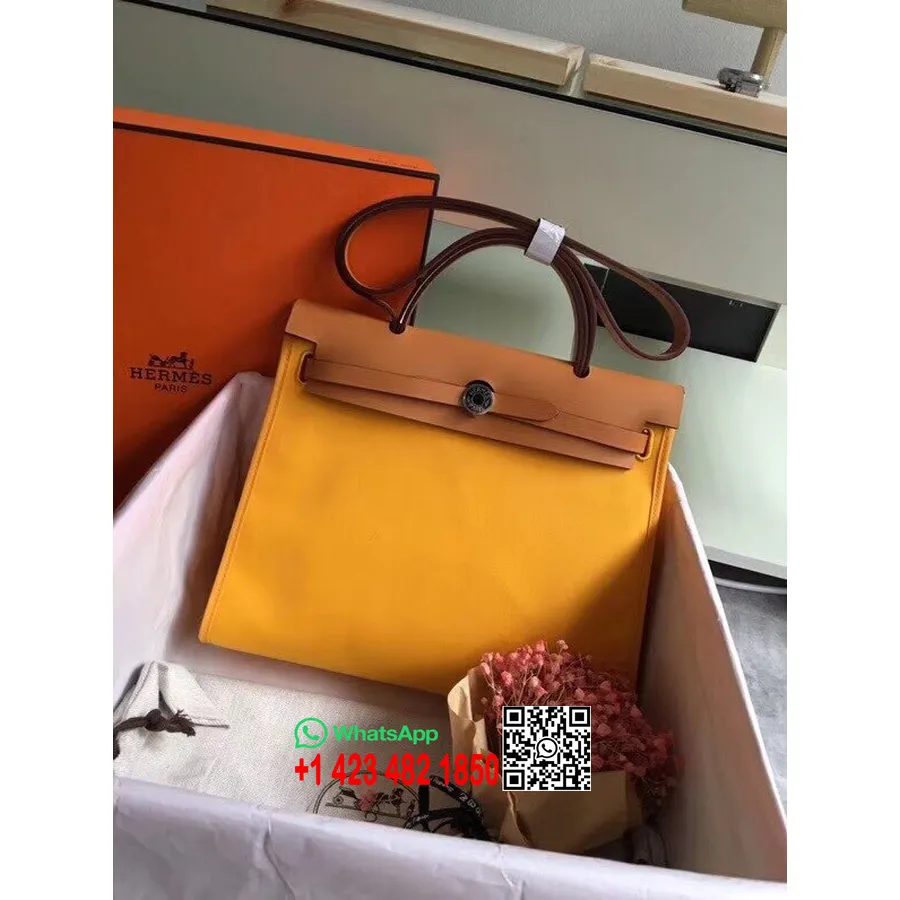 Hermes Toile H Herbag Zip Pm 31cm Kokvilnas Audekls Pallādija Aparatūra, Jaune D'or/zelts