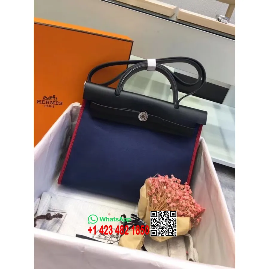 Hermes Toile H Herbag Zip Pm 31cm βαμβακερός καμβάς υλικό παλλάδιο, μπλε τεμπέτα/μαύρο