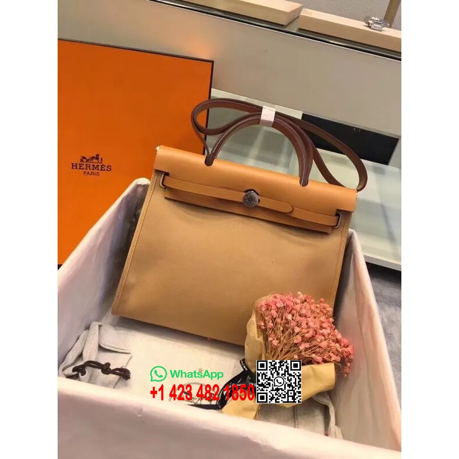 Hermes Toile H Herbag Zip Pm 31cm памучно платно паладий хардуер, табак камила/злато