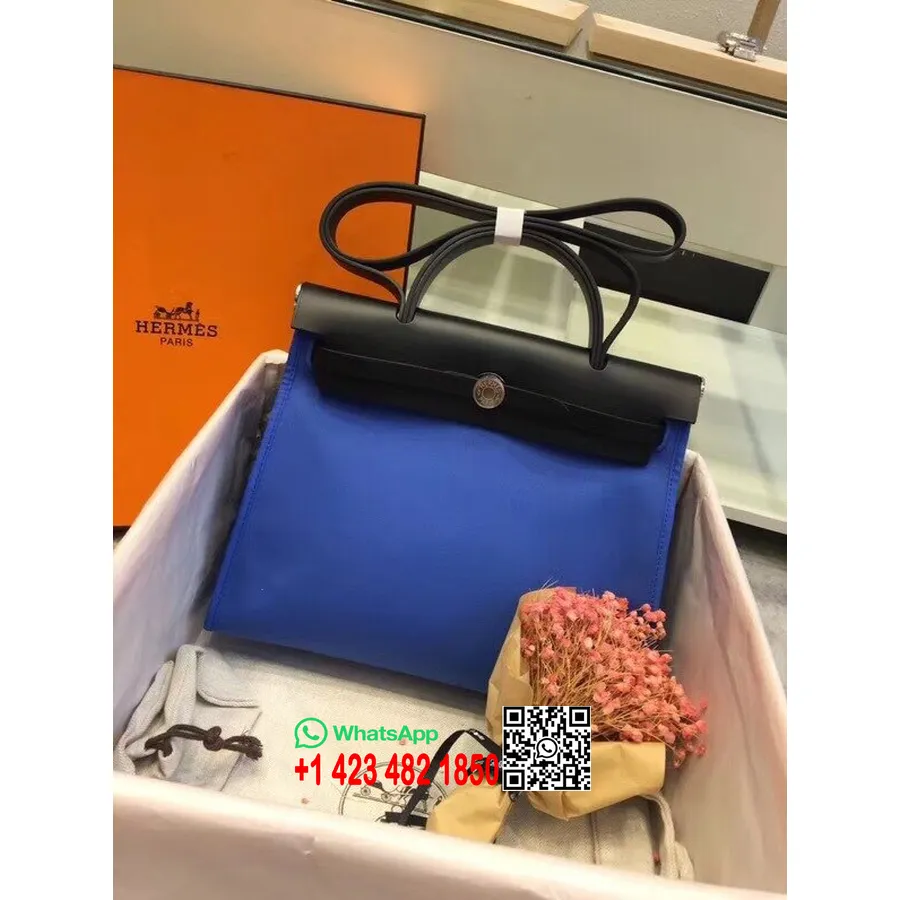 Hermes Toile H Hermes чанта с цип Pm 31cm памучно платно паладиев хардуер, лазурно/черно