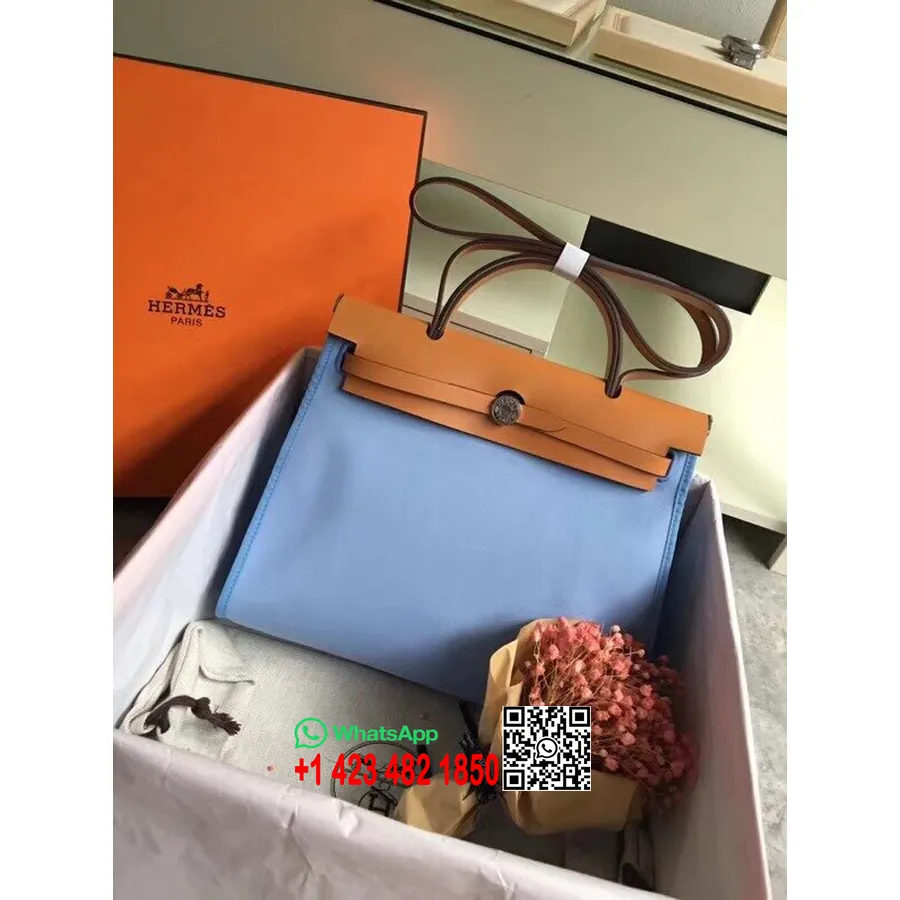 Hermes Toile H Hermes чанта с цип Pm 31cm памучно платно паладий обков, син рай/злато