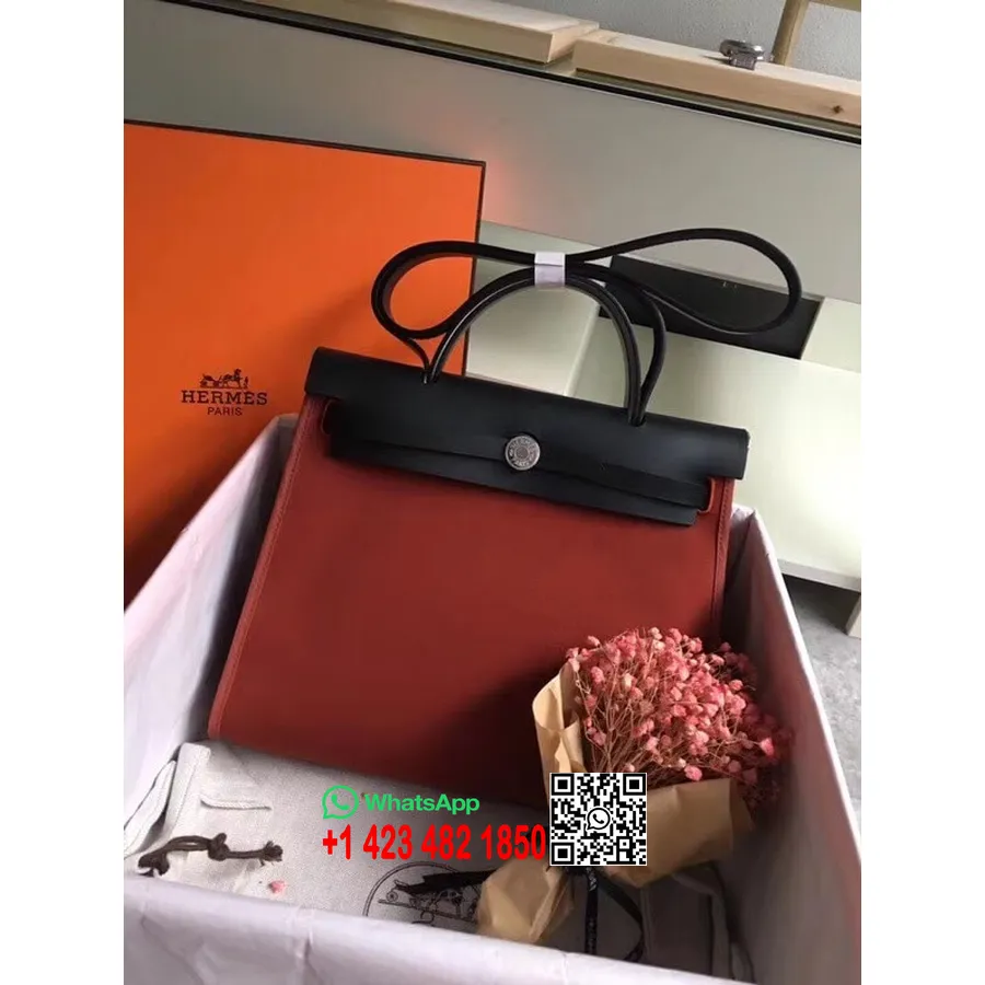 Hermes Toile H Herbag Zip Pm 31cm памучно платно паладиев хардуер, Brique/черно