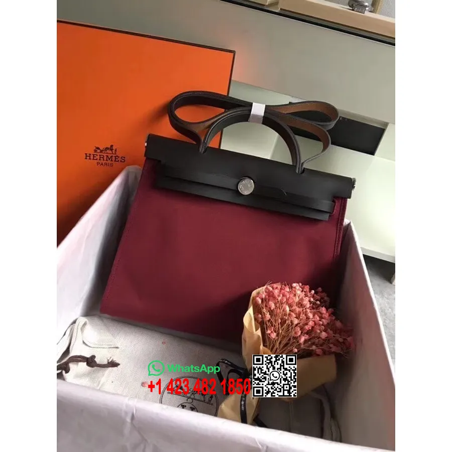 Hermes Toile H Herbag Zip PM 31 سم قطع معدنية من قماش البلاديوم، بوردو/أسود