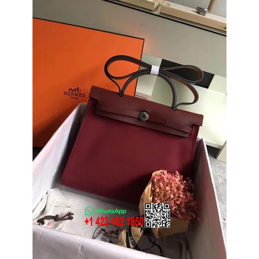 Hermes Toile H Herbag Zip Pm 31cm Bahan Katun Kanvas Paladium Hardware, Bordeaux