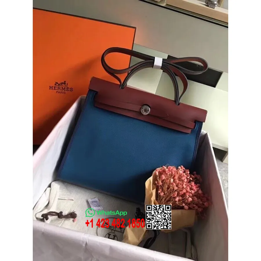 Hermes Toile H Herbag Zip PM 31 سم قطع معدنية من قماش البلاديوم، كولفيرت أزرق/بوردو