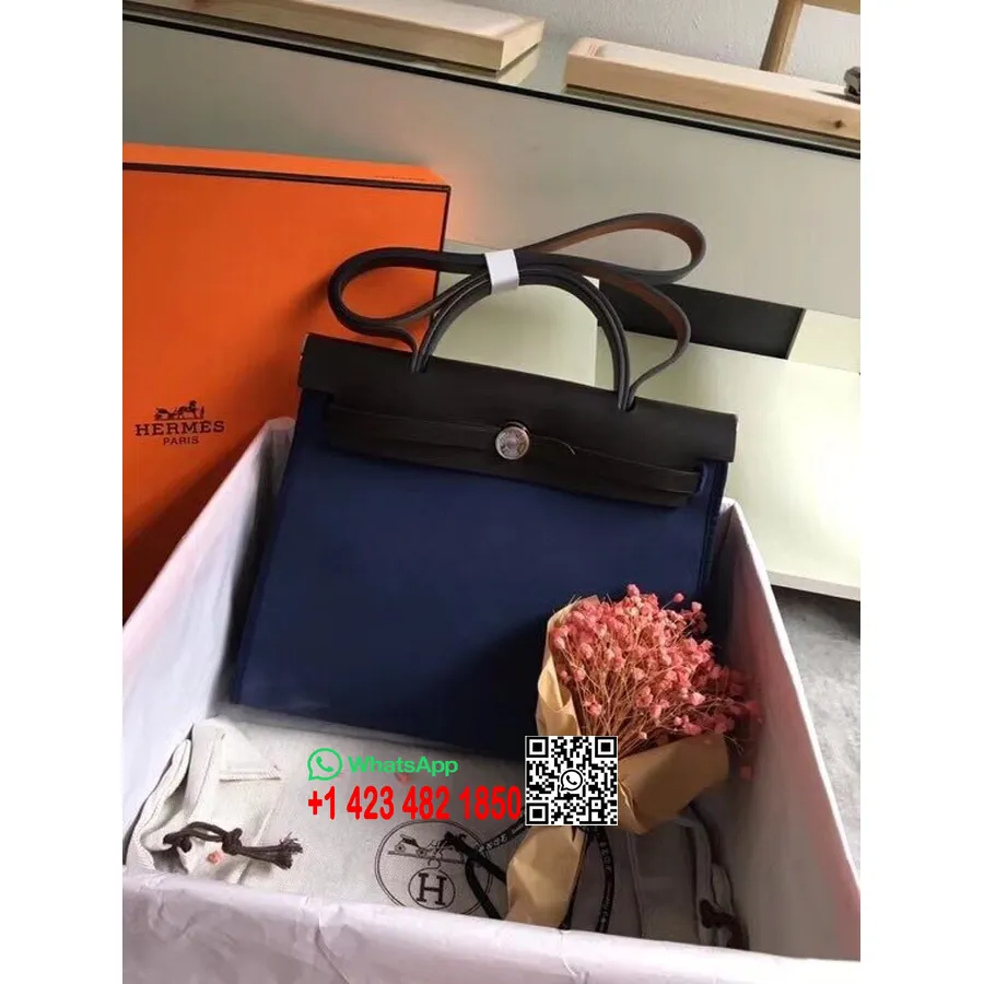 Hermes Toile H Herbag Zip Pm 31cm Bahan Katun Kanvas Paladium Hardware, Batu Akik Biru/hitam