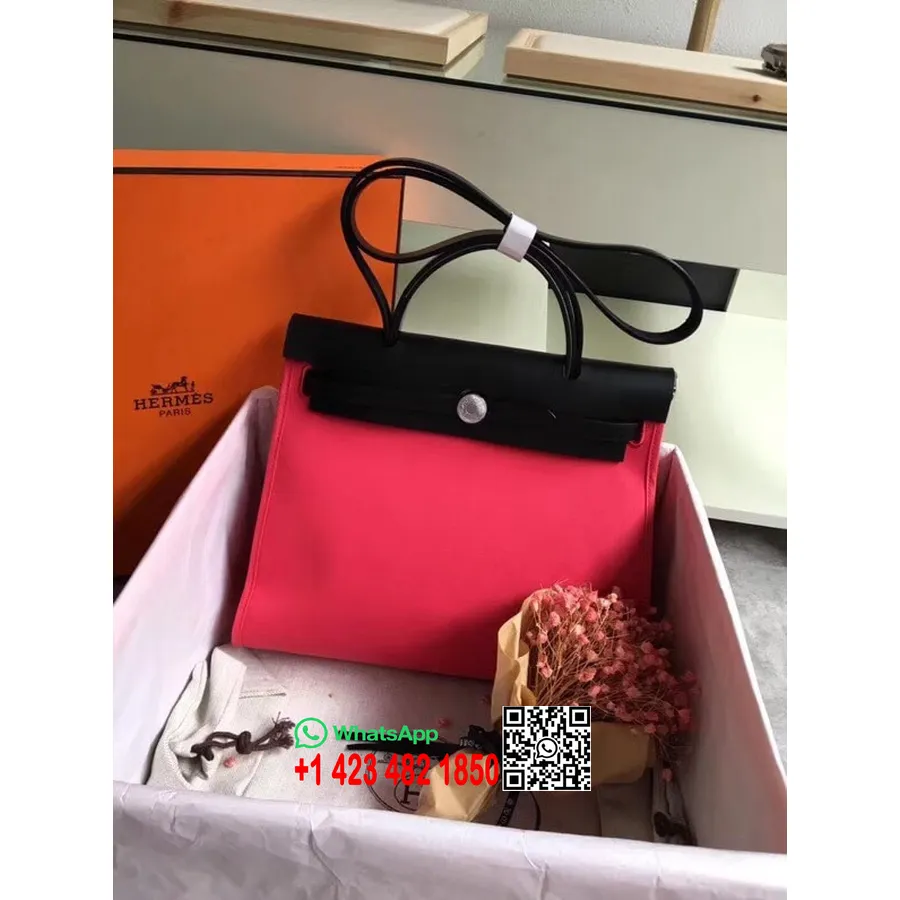 Hermes Toile H Herbag Zip Pm 31cm Bahan Katun Kanvas Paladium Hardware, Rose Tyrien/hitam