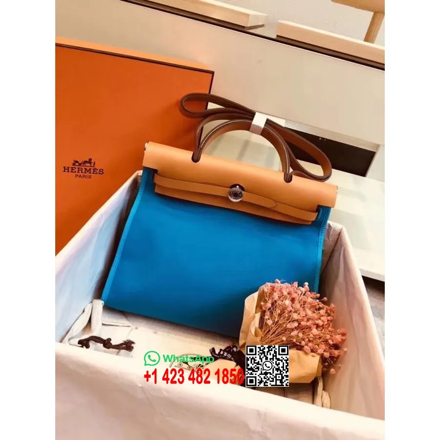 Hermes Toile H Herbag Zip Pm 31cm Bahan Katun Kanvas Paladium Hardware, Biru Hydra/emas