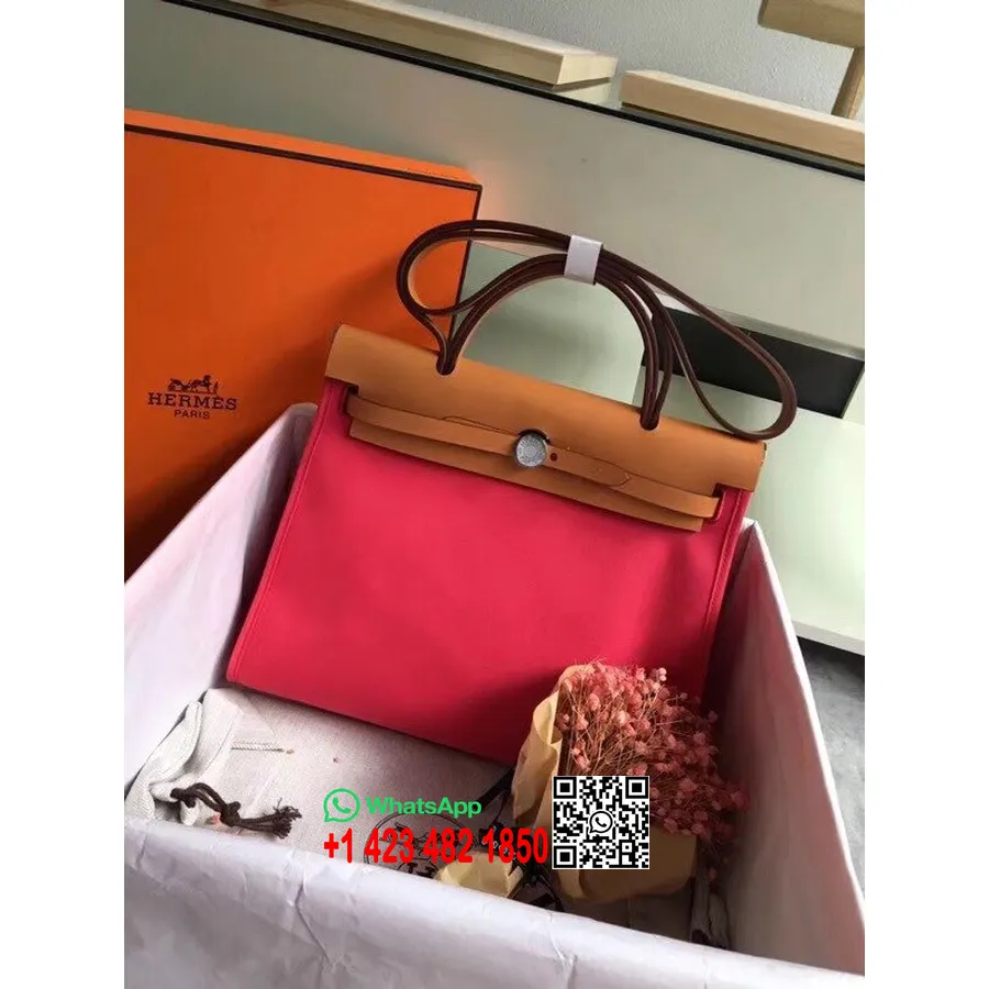 Hermes Toile H Herbag Zip PM 31 سم قطع معدنية من قماش البلاديوم، وردي/ذهبي