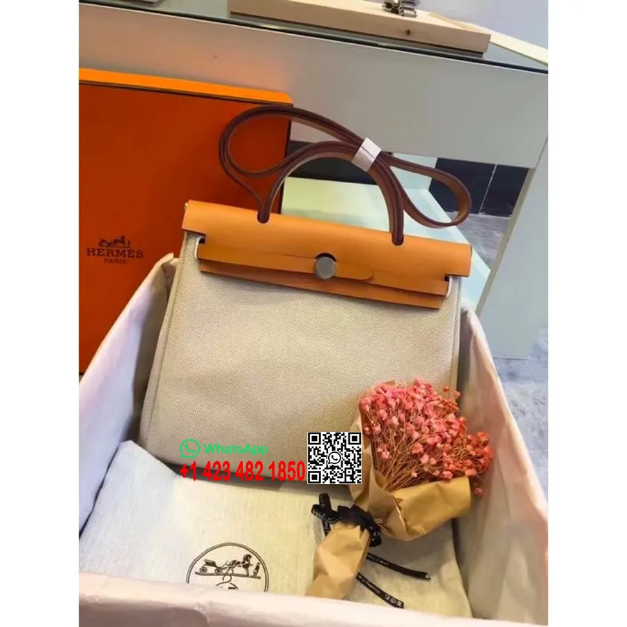 Hermes Toile H Herbag Tõmblukk Pm 31cm Puuvillane Lõuend Pallaadium Riistvara, Valkjas/kuldne