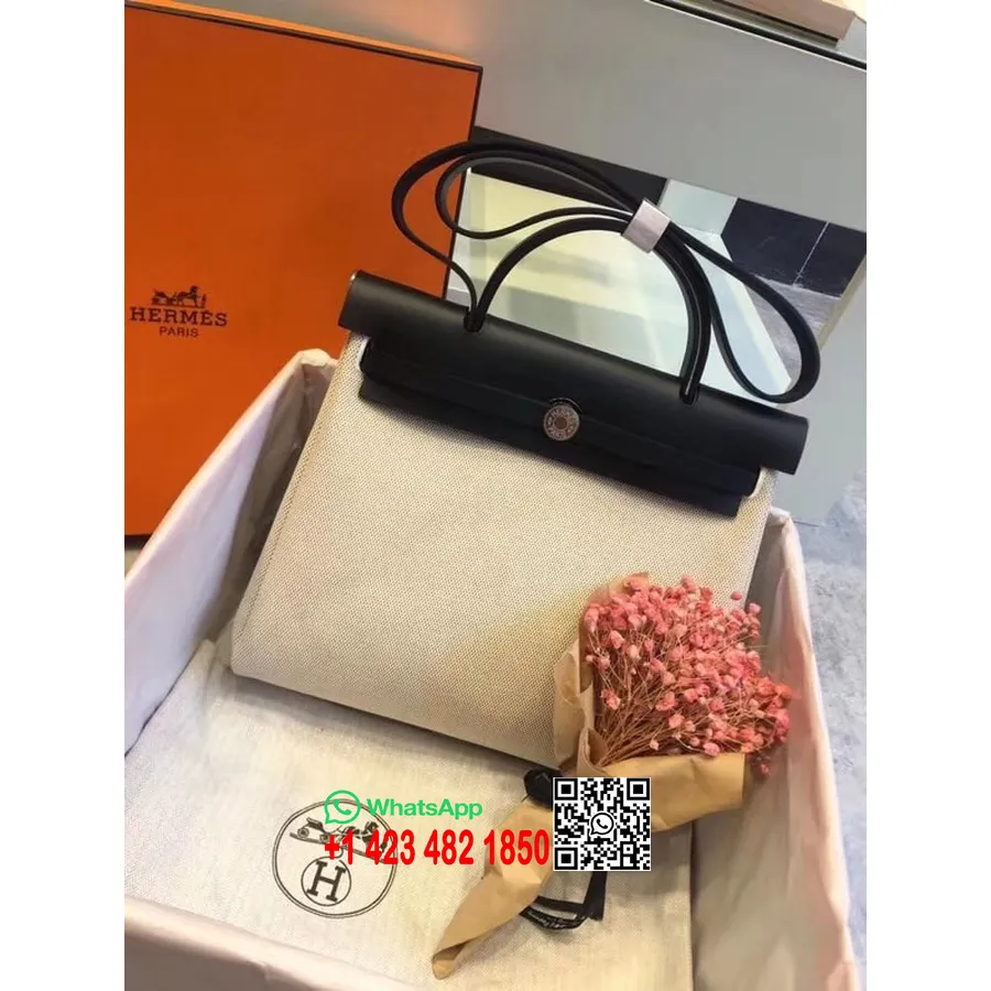 Hermes Toile H Herbag Zip Pm 31cm Bahan Katun Kanvas Paladium Hardware, Off White/hitam