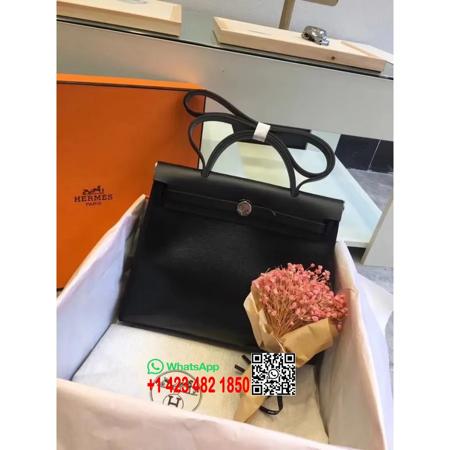 Hermes Toile H Herbag Zip Mm 39cm Bahan Katun Kanvas Paladium Hardware, Edisi Terbatas Warna Hitam/hitam