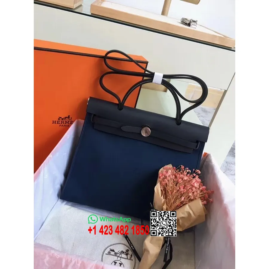 Hermes Toile H Herbag Zips Mm 39cm Bavlnené Plátno Paládiové Kovanie, Modrý Achát