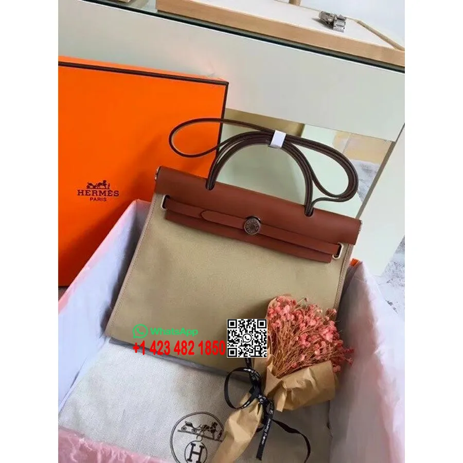 Hermes Toile H Herbag Zip Pm 31cm Bahan Katun Kanvas Paladium Hardware, Krem/emas