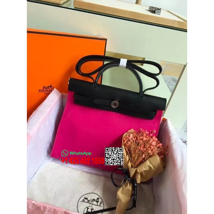 Hermes Toile H Herbag Zip Pm 31cm Bahan Katun Kanvas Paladium Hardware, Rose Ungu