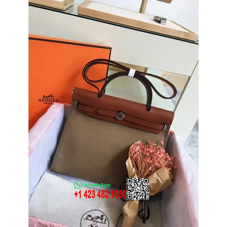 Hermes Toile H Herbag Zip Pm 31cm Bahan Katun Kanvas Paladium Hardware, Etain