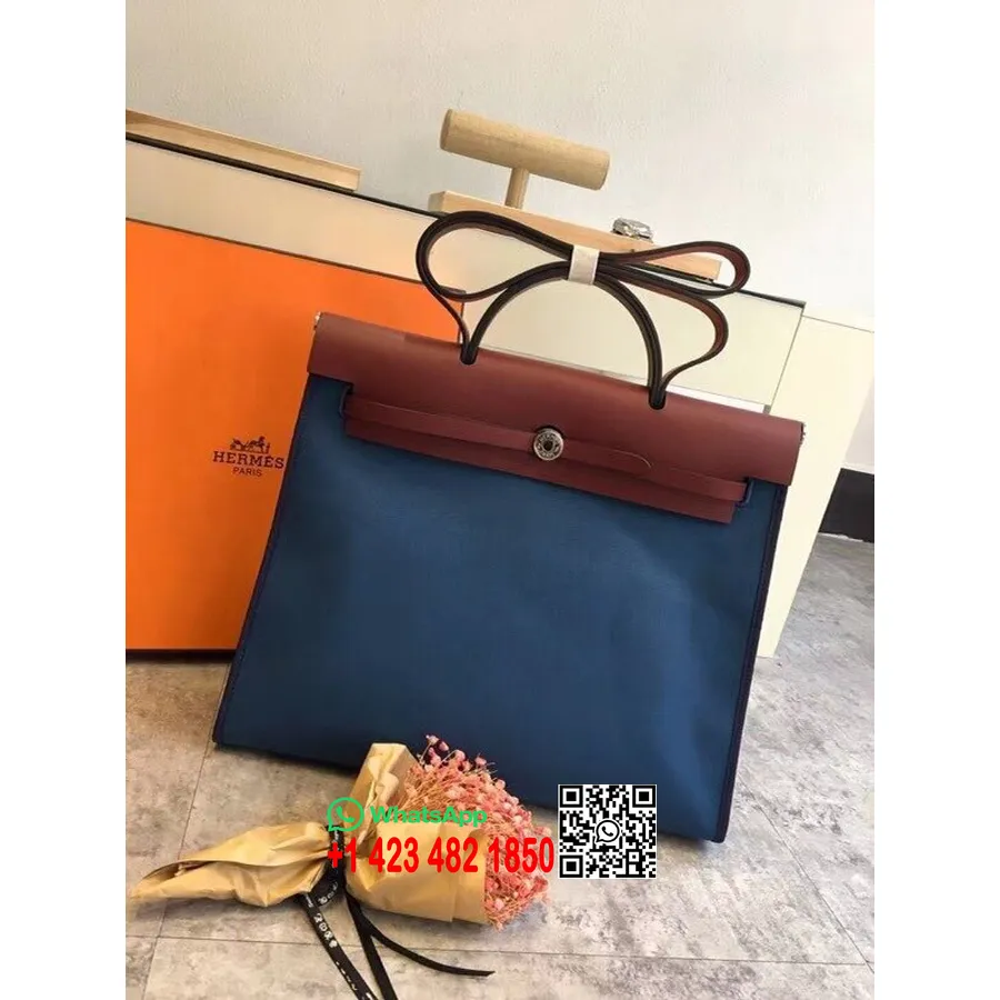 Hermes Toile H Herbag Zip Mm 39cm памучно платно паладиев хардуер, Colvert Blue