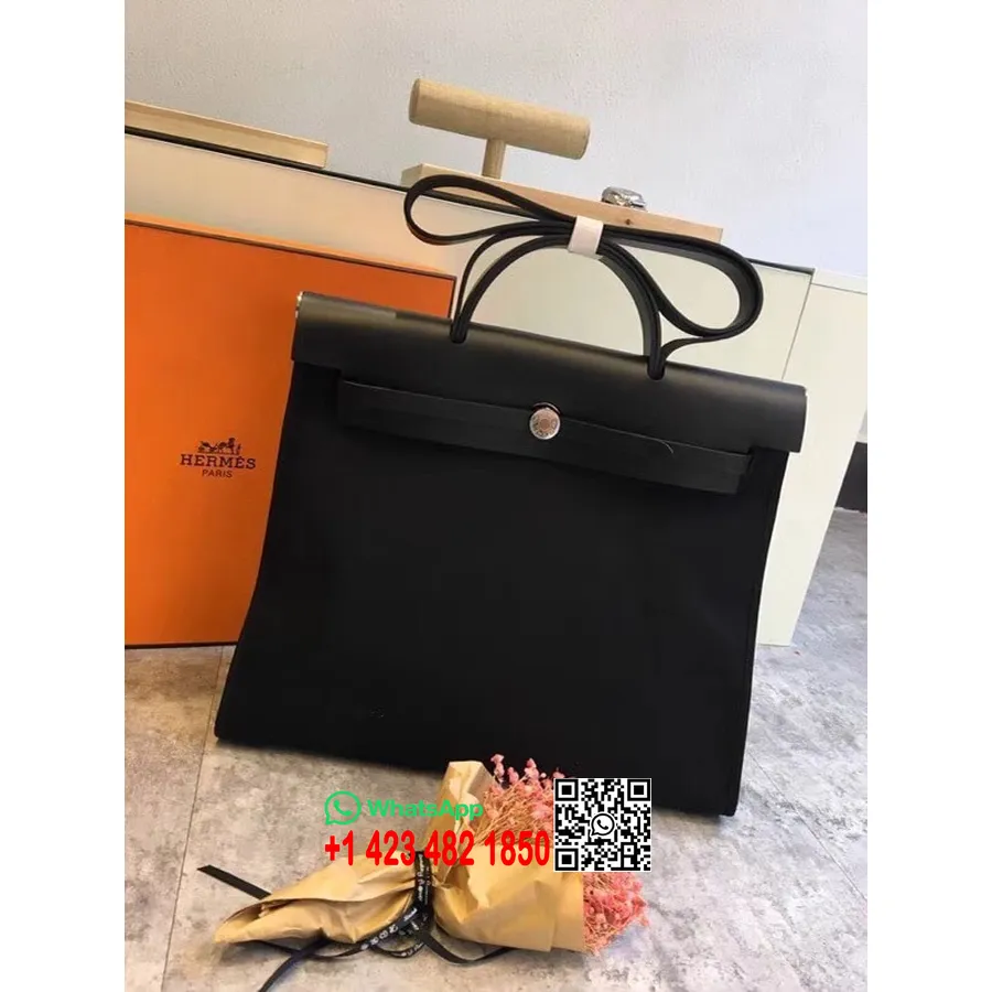 Hermes Toile H Herbag Zip Mm 39cm памучно платно паладиев хардуер, черно/черно