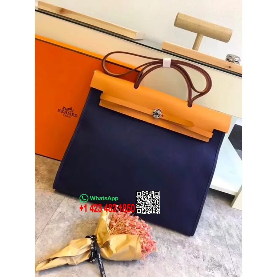 Hermes Toile H Herbag Cip Mm 39cm памучно платно паладиев хардуер, Bleu De Malte