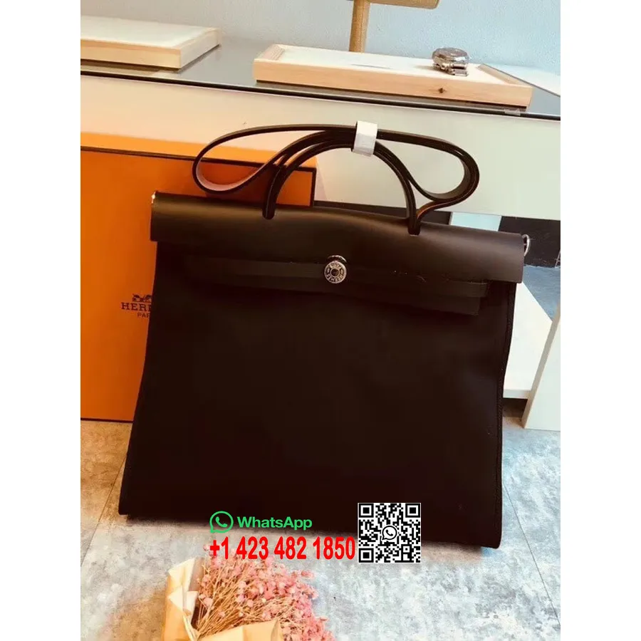 Hermes Toile H Herbag Zip Mm 39cm памучно платно паладиев хардуер, черен