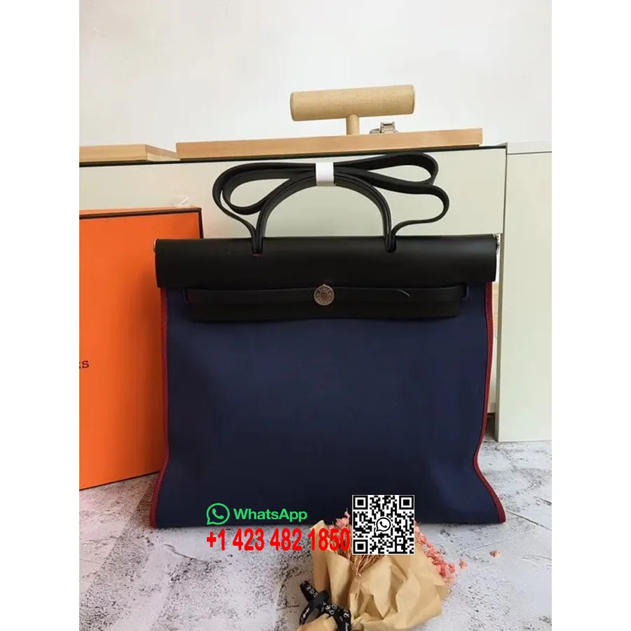 Hermes Toile H Herbag цип Mm 39cm памучно платно паладиев хардуер, морско синьо